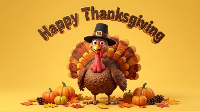 Cute cartoon turkey wearing a pilgrim hat surrounded by pumpkins and autumn leaves, thanksgiving holiday celebration concept