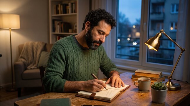 Middle aged man writing in journal at desk in cozy home office during evening. Concept of working late.