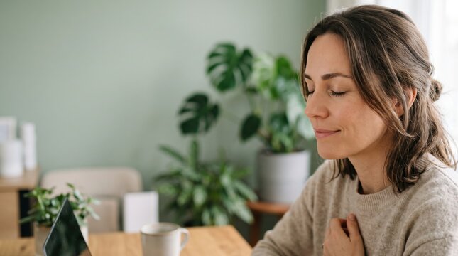 Woman meditating at table with closed eyes, practicing mindfulness in calm home interior beside leafy plant and warm natural light