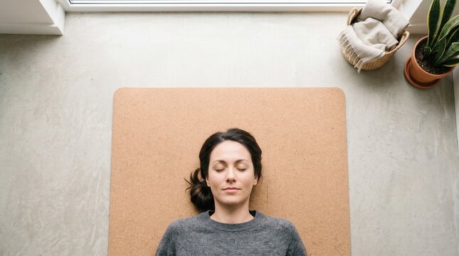 Employee relaxing on wellness mat with calm expression, viewed from above in bright home interior near plant and chair