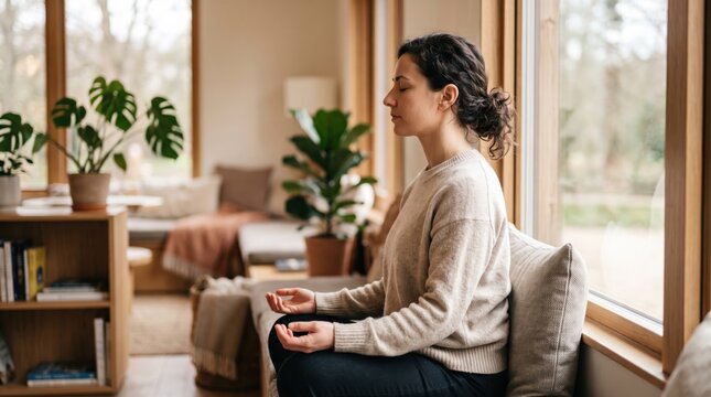 Woman meditating on window bench in cozy home, practicing mindfulness beside indoor plant and natural light with calm expression and peaceful interior setting