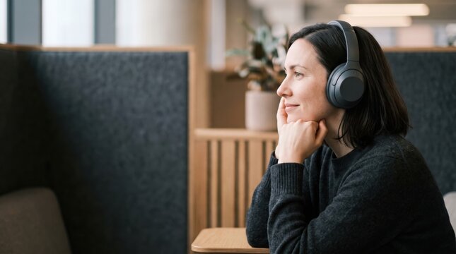 Woman adult specialist smiling acoustic pod headphone office portrait