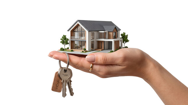 Hand holding house keys with modern residential property model on transparent background for real estate marketing