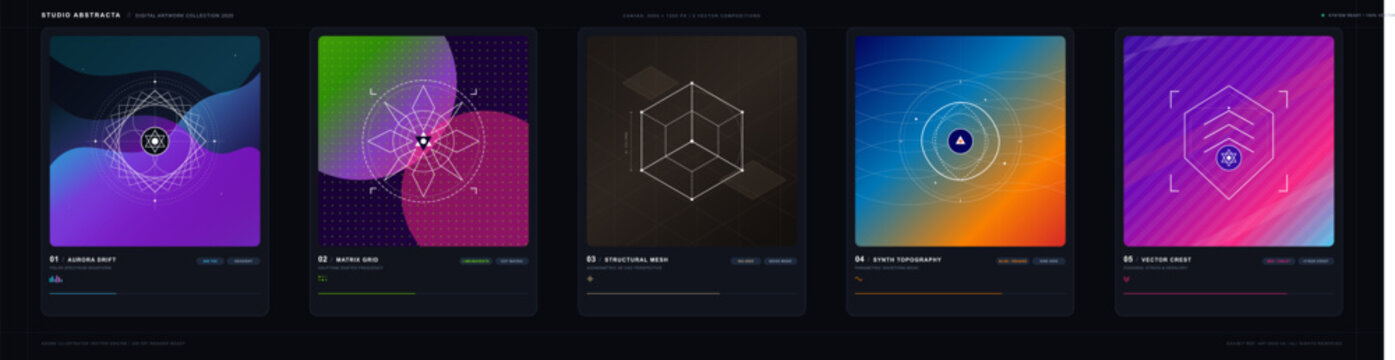 Modern abstract geometric poster template collection with colorful gradients, circular diagrams, geometric grids, wireframe structures, layered shapes, and futuristic dark layouts