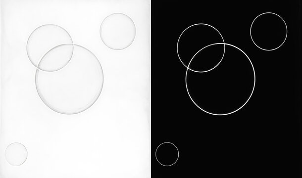 Abstract geometric background set with white outlined intersecting circles on white and black backdrops. Minimalist line art overlapping circles vector pattern. Modern minimal geometric shapes 