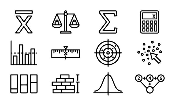 Math & Statistics Icons Set: Data Analysis, Calculation, Measurement, Probability, Research Symbols
