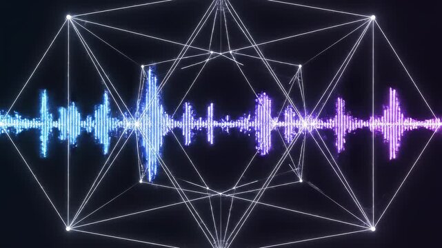 Abstract sound waves pulsing within geometric wireframe structures against a dark background for digital concepts