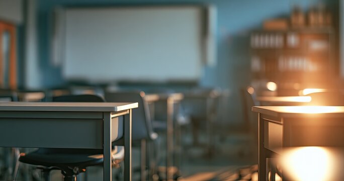 Empty classroom with desks bathed in warm sunlight