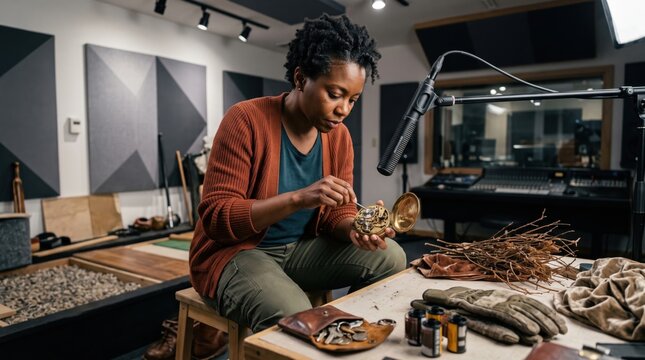 Focused foley artist recording pocket watch mechanism sounds with condenser microphone in sound studio. Concept of sound design, sound editor.