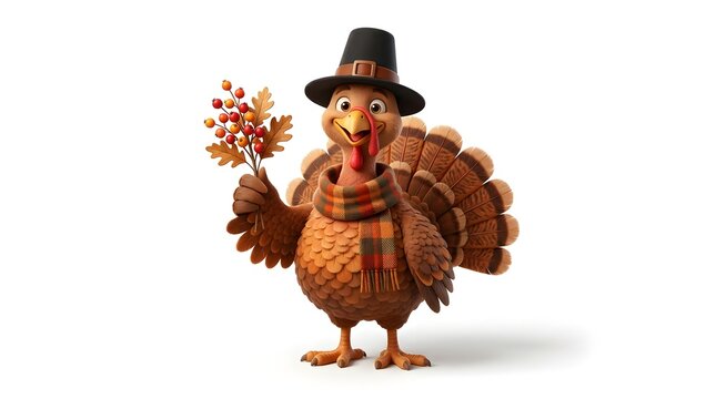 Cute cartoon turkey wearing a pilgrim hat and plaid scarf holding a branch of autumn berries, isolated on white background