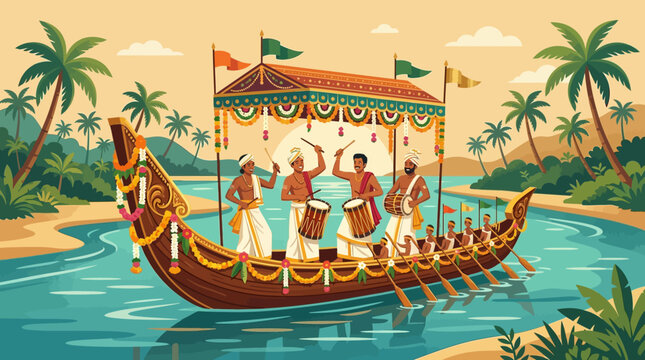 Indian Snake Boat Race With Drummers and Palm Trees - Kerala Culture