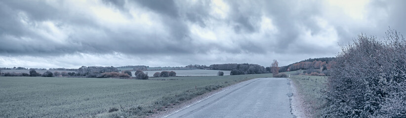 Fototapeta premium Autumn, landscape and banner in countryside, road or forest for textures in nature, harmony or calm. Holiday, trip and travel for vacation as wallpaper, background or woods with adventure in Canada