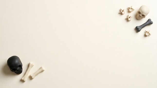 Minimalist flat lay background featuring small human skulls and bones on a clean white surface
