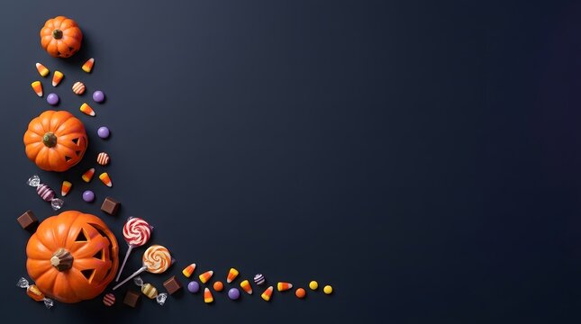Halloween background with pumpkins and assorted colorful candies arranged in a corner on dark surface