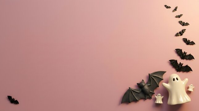 Cute ghost and flying bats on a soft pink background for a fun halloween party invitation
