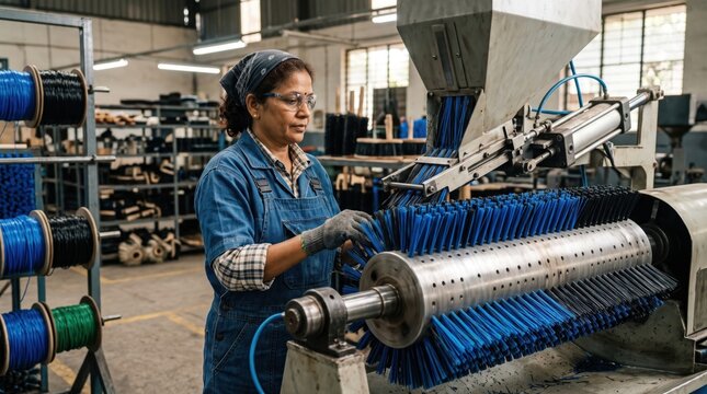 Indian female factory worker operating industrial machine producing technical plastic brushes in manufacturing plant.