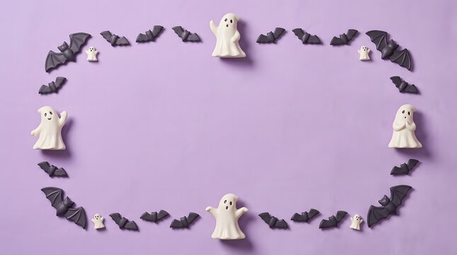 Halloween background frame made with tiny black bats and white ghosts on a purple surface
