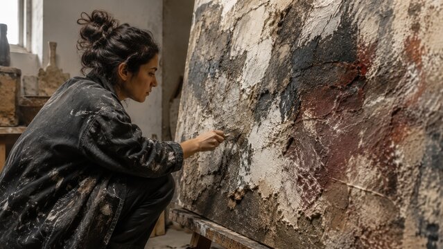 Focused female artist working on textured abstract painting canvas with palette knife in studio workspace. Concept of art, informel, abstract art, artwork, painter.