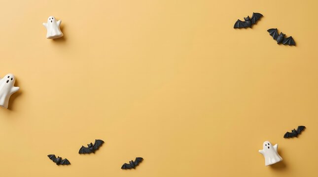 Cute halloween background with small ghosts and bats on a plain light orange paper surface