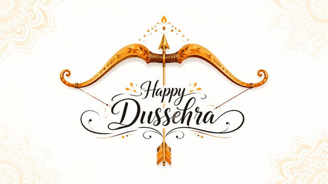 Happy Dussehra greeting with elegant bow and arrow design on a clean white festive background