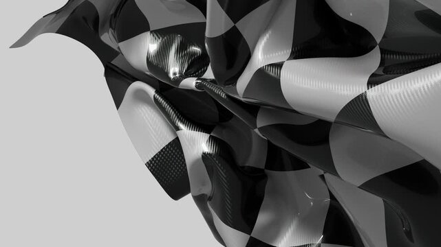 Abstract black and white checkered flag with carbon fiber texture waving.