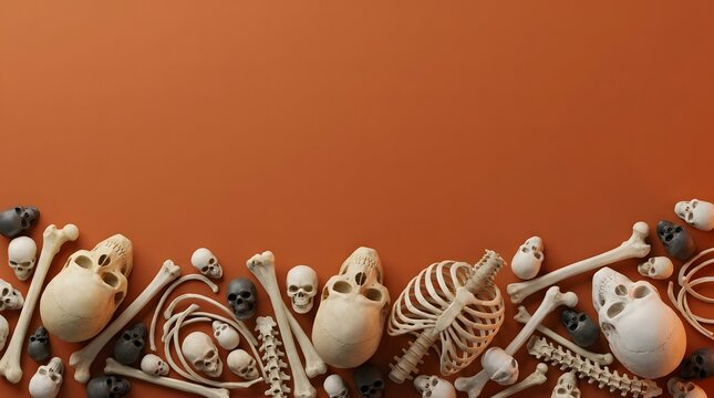 A pile of human skulls and bones arranged at the bottom against an orange background