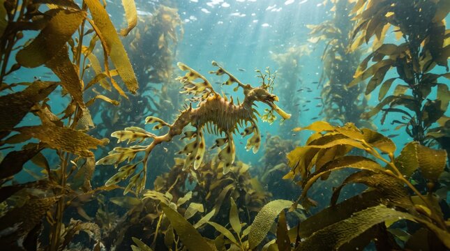 Leafy seadragon swimming underwater in kelp forest with natural sun rays. Concept of ocean life.
