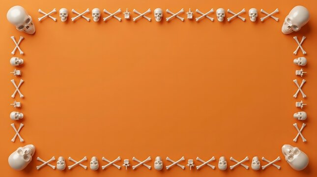 Decorative frame made of white pearls and golden beads on a vibrant orange background texture