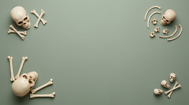 Human skulls and bones arranged as a frame on a solid grey background for halloween
