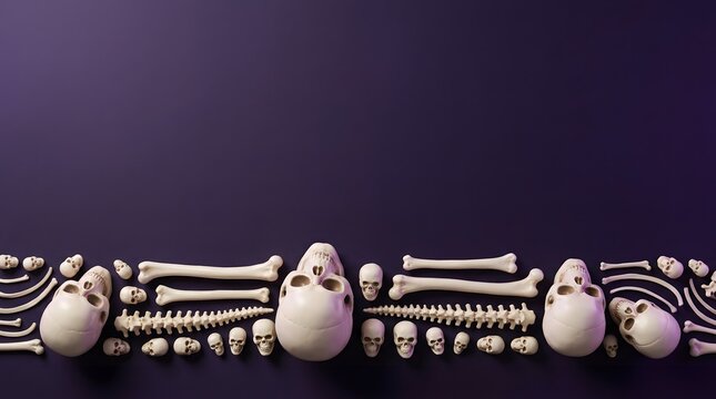 Row of human skulls and various bones arranged on a dark purple background for halloween