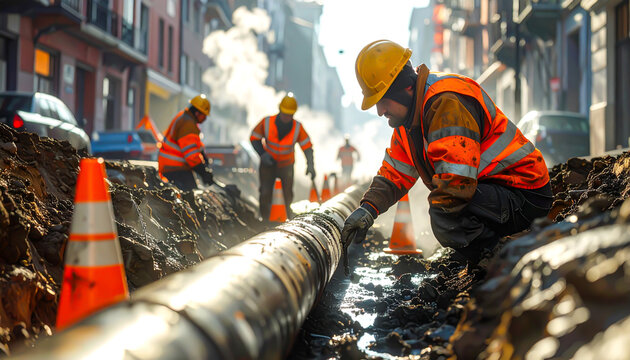 Bauarbeiter reparieren unterirdische Fernw&auml;rmeleitungen auf einer st&auml;dtischen Stra&szlig;enbaustelle	

