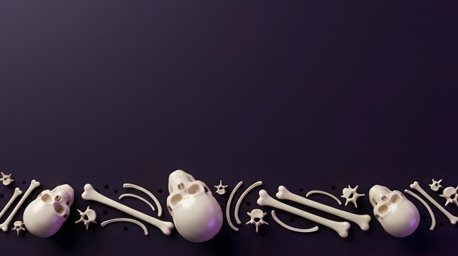 Top view of human skulls and bones arranged in a row on a dark purple background