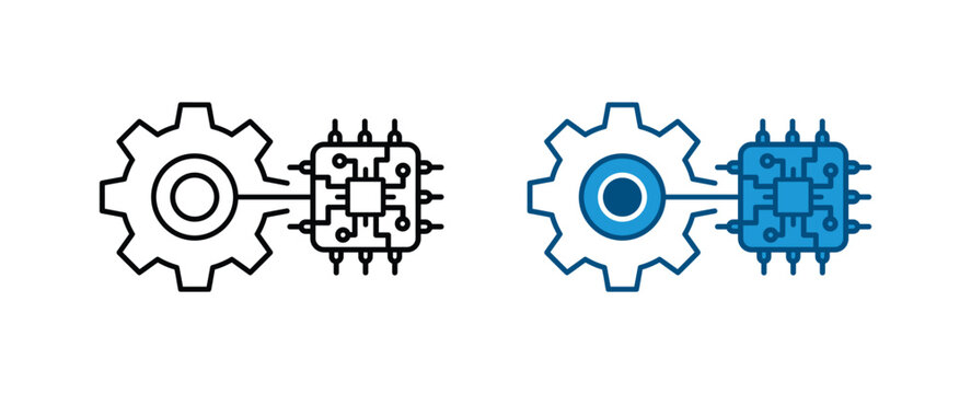 Gear and microchip icon set with artificial intelligence circuit board line and blue color style for smart technology, mechanical processing tech concept vector illustration