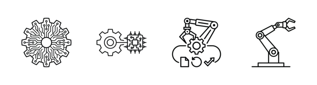 Industrial automation icon set with robotic arm mechanical gear circuit microchip and process optimization for future smart factory technology, cybernetic engineering line art vector illustration
