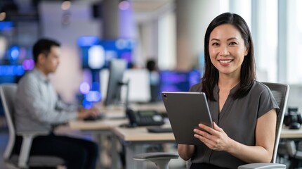 Obraz premium Smiling Asian businesswoman with tablet