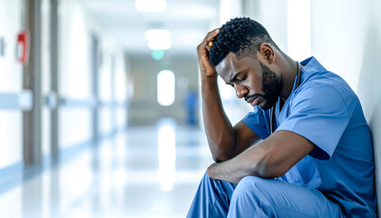 Fototapeta premium Erschöpfter Krankenpfleger sitzt nachdenklich im Flur eines Krankenhauses