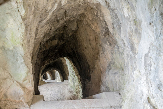 rock shelters carved into mountain, Citadelle, Sisteron, France