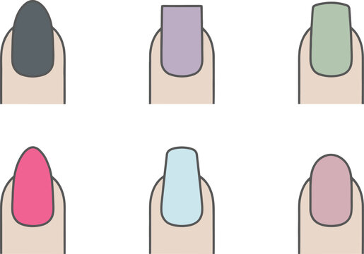 Nail shapes set with different manicure forms and colors on fingers