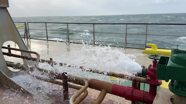 ship proceeding at sea. water spray from fire hydrant.