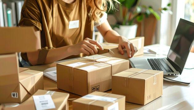 Online-H&auml;ndlerin verpackt Pakete f&uuml;r den Versand im B&uuml;ro	