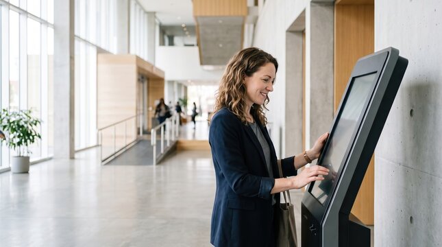 Woman using interactive digital kiosk
