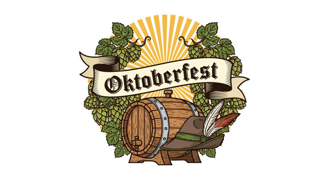 Oktoberfest barrel, hops, hat with feather, banner, sunburst - illustration