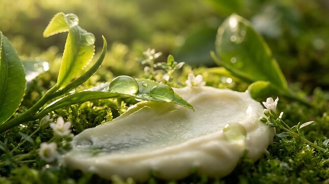 Fresh green leaf with a clear water drop resting on the surface in a sunny garden during the spring. green tea skincare