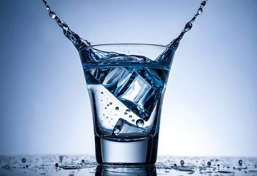 Hydration and refreshment concept, ice cubes splashing into a glass of clean water, healthy lifestyle and purity