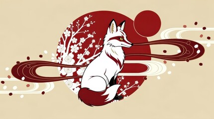 Naklejka premium Stylized Kitsune fox sitting in front of a red sun and cherry blossoms. Traditional Japanese art style with flowing aesthetic elements. Mythology concept for cultural marketing and design.