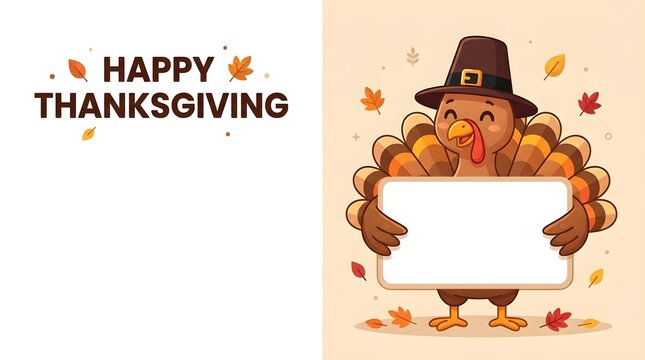Cute cartoon turkey wearing a pilgrim hat holding a blank sign for thanksgiving greeting, isolated on white background