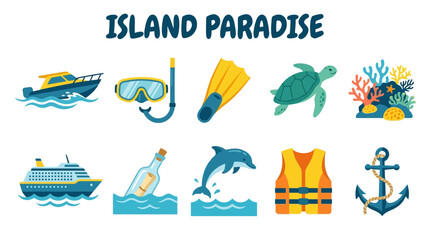Obraz premium Colorful tropical island vacation icons set with boat, snorkeling, turtle, and ocean elements