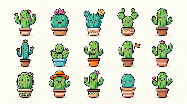 Cartoon Cacti in Pots With Various Accessories