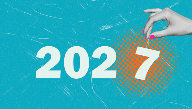 Art collage showcasing the year 2027 with hand placing the number seven in a creative design