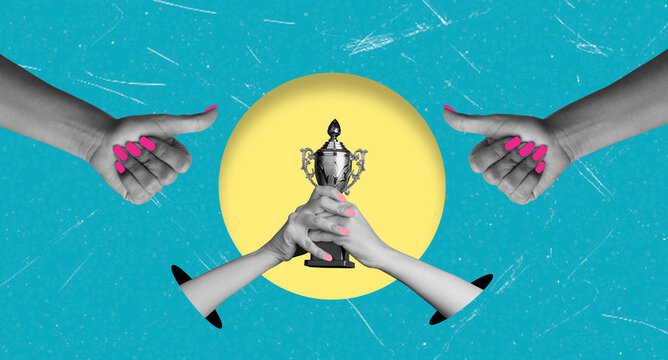 Art collage showing hands with trophy and colorful background